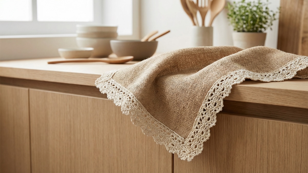 Pano de prato com barrado de crochê delicado sobre bancada de cozinha clara, acabamento elegante