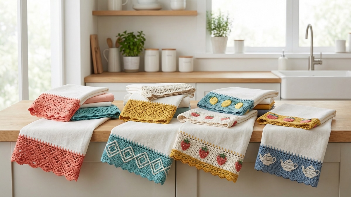 Panos de prato com barrados de crochê modernos em cores vibrantes sobre madeira clara