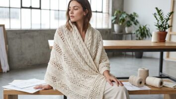 Peça de crochê com pontos fantasia em tom neutro sobre superfície elegante