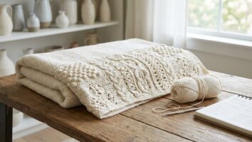 Peça de crochê com pontos variados em tom neutro sobre superfície elegante