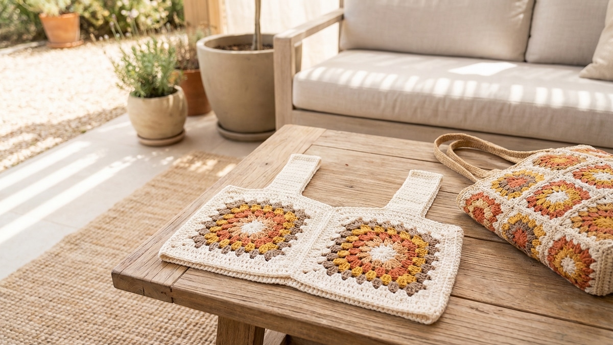 Top cropped e bolsa tote de crochê feitos granny squares coloridos em tons quentes