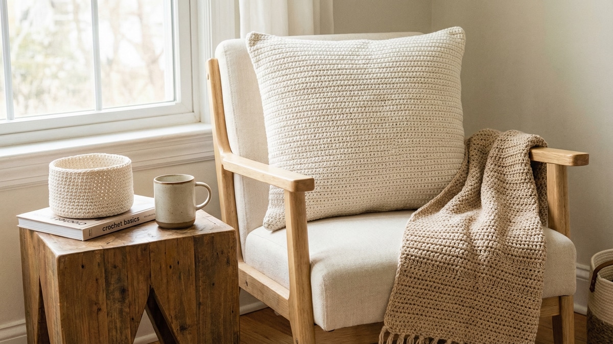 Almofada, cachecol e cesta de crochê em tons naturais sobre ambiente minimalista