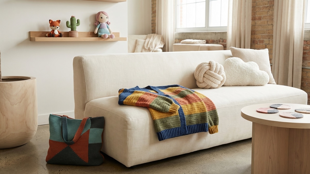 Ambiente criativo com diversas peças de crochê moderno em cores vibrantes e neutras