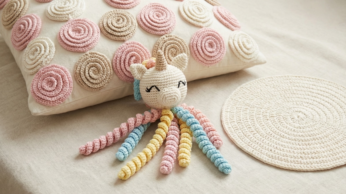 crochê com técnica espiral incluindo almofada com flores, amigurumi e descanso de panela