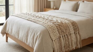 Peseira de crochê de luxo em fios volumosos e tons neutros com tranças e franjas ao pé da cama em suíte sofisticada.