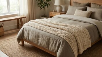 Peseira de crochê artesanal de luxo em tom natural quente posicionada no pé da cama em quarto moderno elegante, com madeira natural, fibras e luz natural difusa suave.