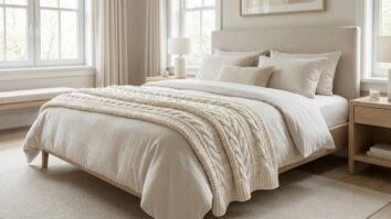 Quarto elegante com peseira de crochê em tons neutros aos pés da cama