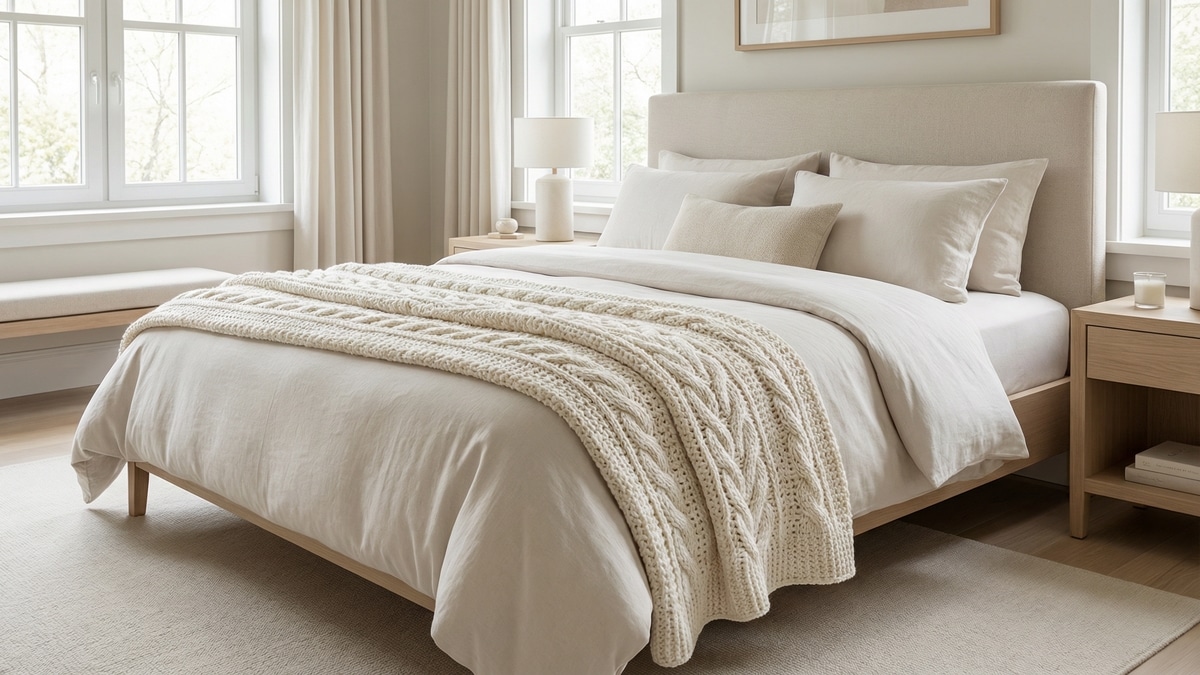 Quarto elegante com peseira de crochê em tons neutros aos pés da cama