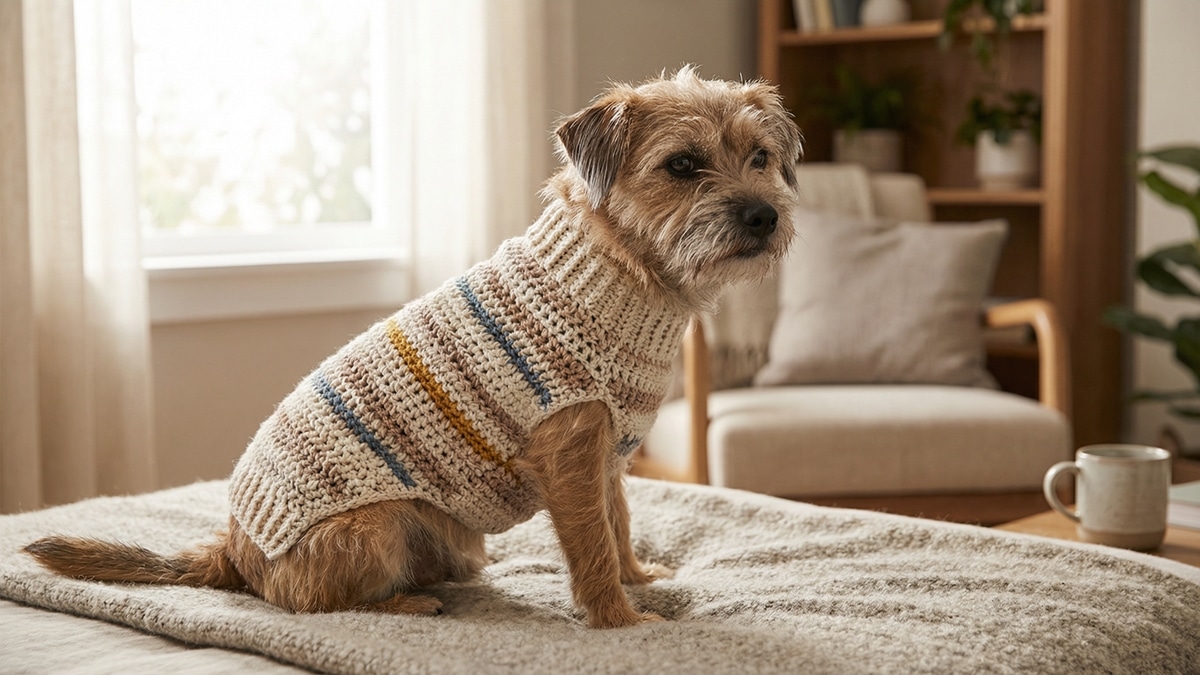 Pequeno cachorro sentado em manta neutra usando roupinha de crochê artesanal em tons naturais de algodão, em ambiente doméstico aconchegante com luz natural difusa.