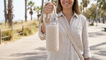 Mulher sorrindo segurando porta garrafa de crochê bege com alça em ambiente externo de verão