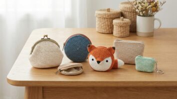 Mesa com porta-moedas de crochê artesanal em tons variados e formatos criativos