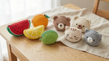 Porta-moedas de crochê em formato de frutas tropicais e carinhas de animais sobre madeira clara