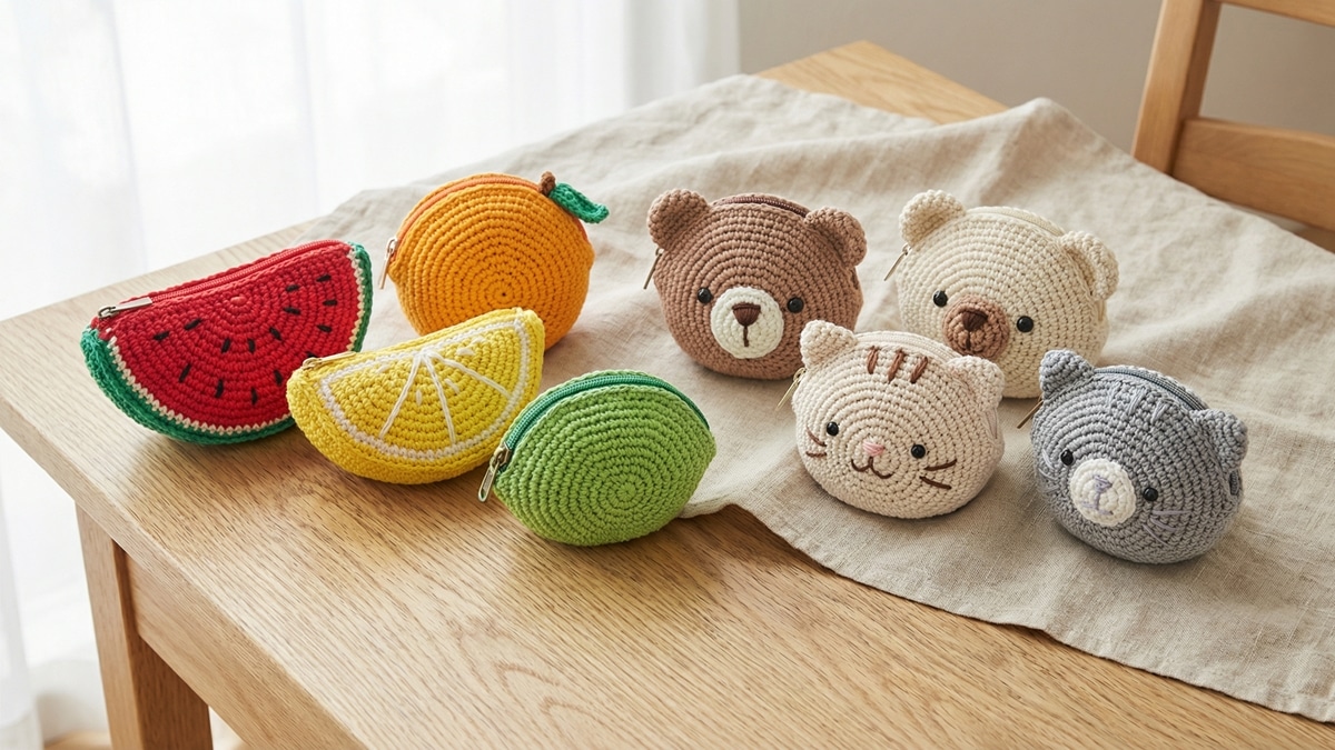 Porta-moedas de crochê em formato de frutas tropicais e carinhas de animais sobre madeira clara