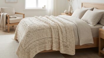Quarto de casal elegante com cama coberta por uma grande colcha de crochê artesanal em tom cru.