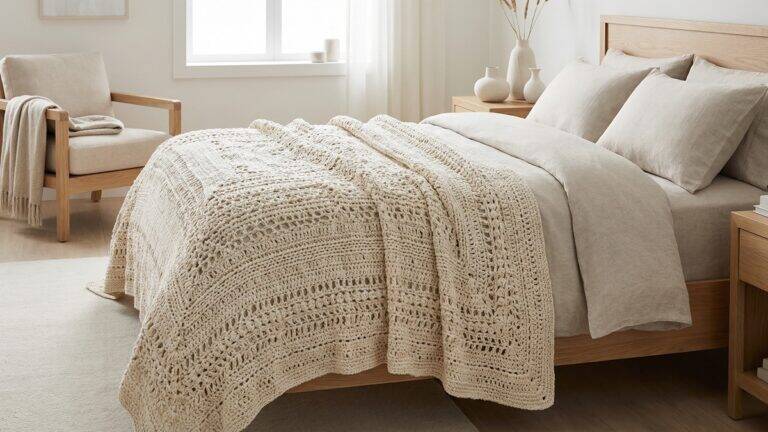 Quarto de casal elegante com cama coberta por uma grande colcha de crochê artesanal em tom cru.