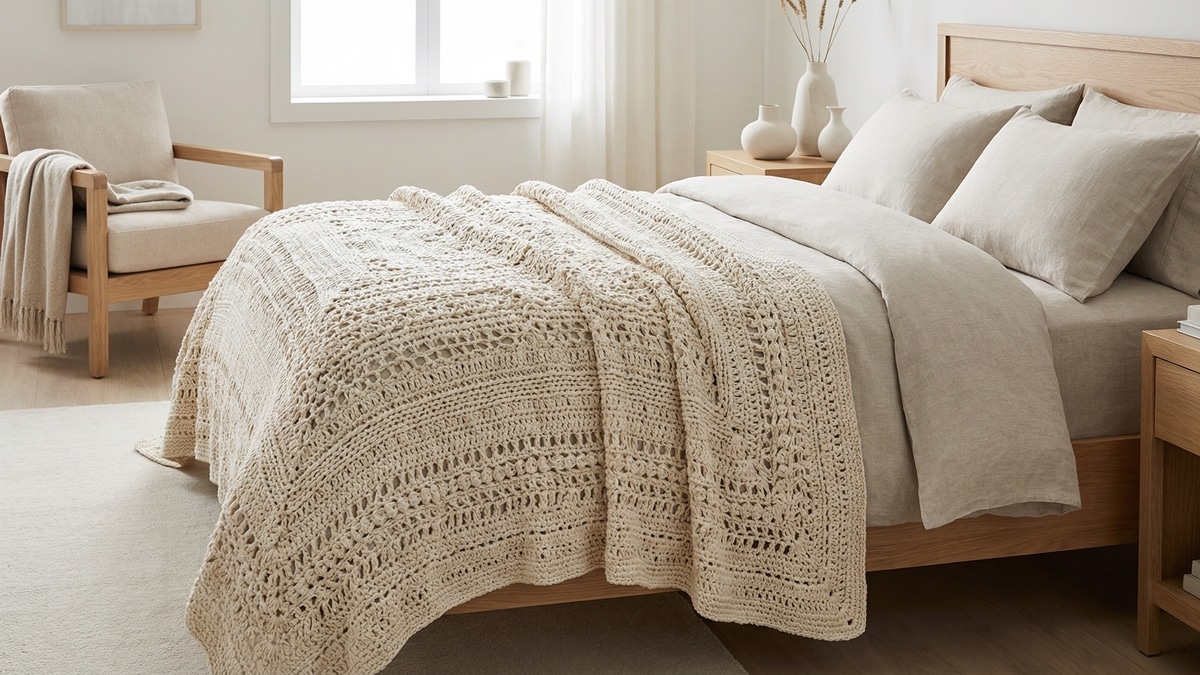 Quarto de casal elegante com cama coberta por uma grande colcha de crochê artesanal em tom cru.