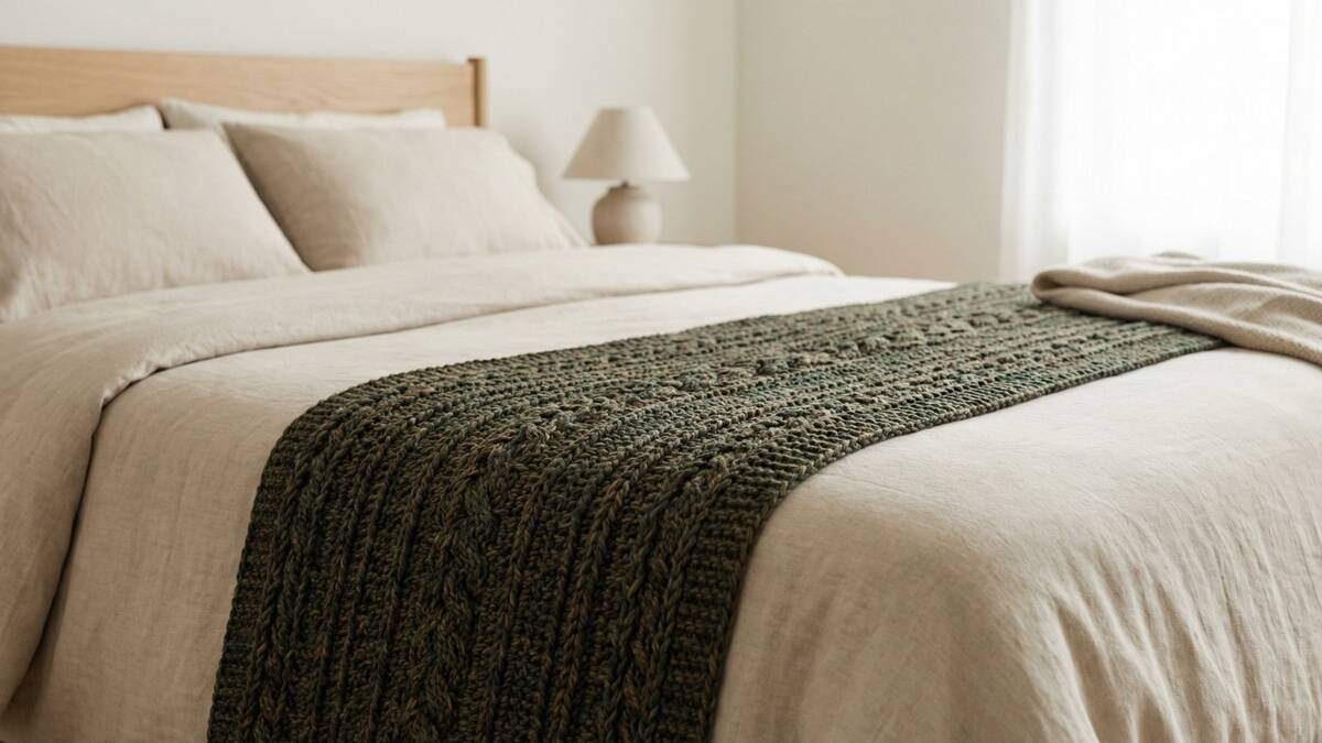 Quarto com peseira de crochê verde escuro em relevo sobre cama com roupa neutra