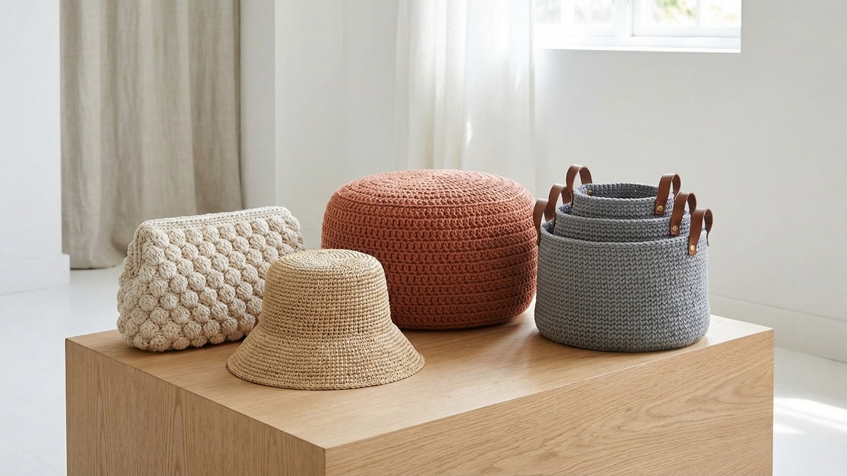 Composição com bolsa bubble, chapéu ráfia, pufe e cestos organizadores de crochê