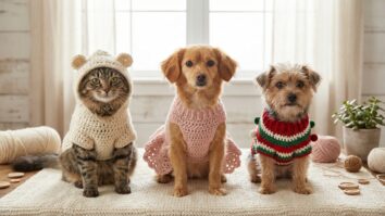 Pets lado a lado usando roupinhas de crochê artesanais com detalhes rendados