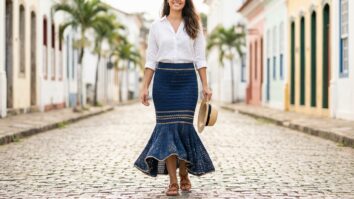Mulher sorrindo de frente em rua tranquila usando saia de crochê azul estilo sereia.