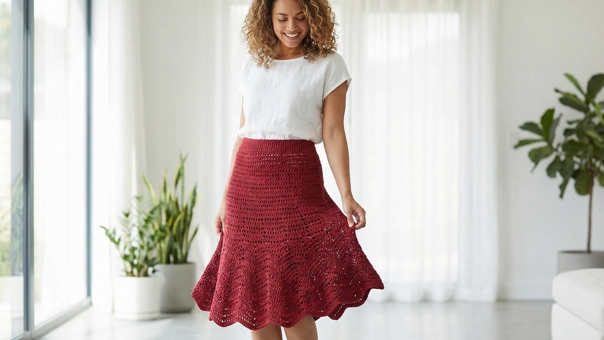 Mulher sorrindo usando saia de crochê midi vermelha com barra ondulada em ambiente claro e romântico