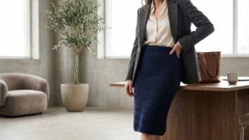 Saia lápis de crochê azul escuro com caimento estruturado em ambiente urbano minimalista