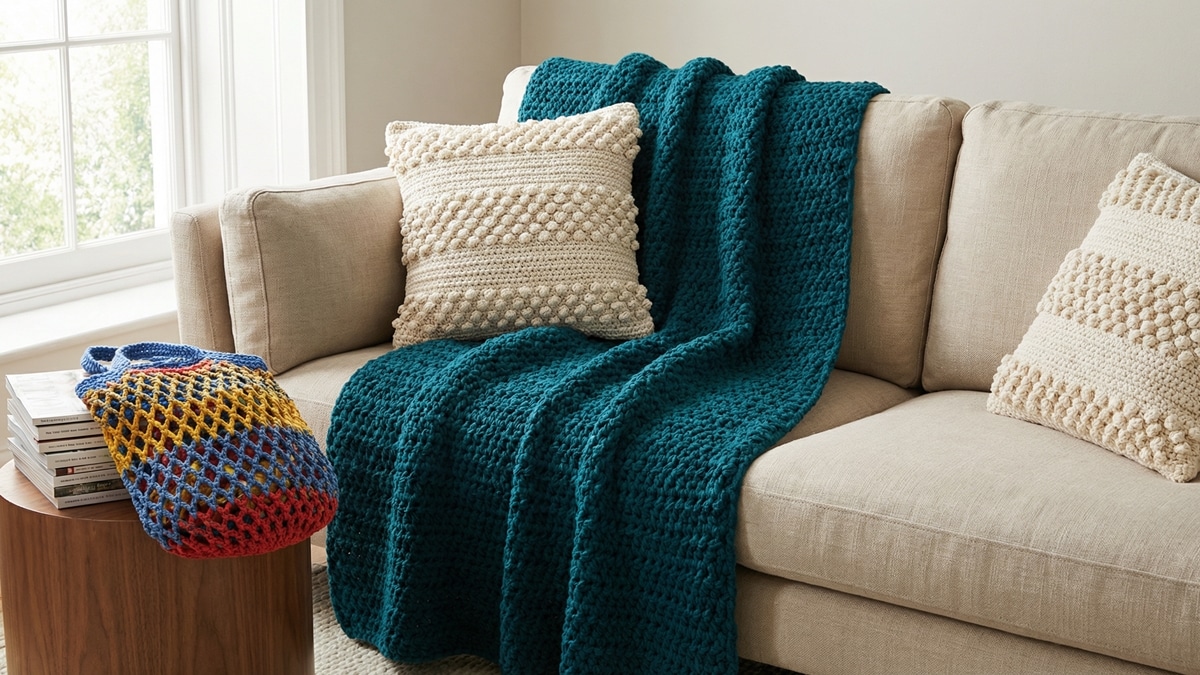 Sala moderna com maxi manta de crochê colorida no sofá, almofadas texturizadas cruas e bolsa rede em mesa lateral.