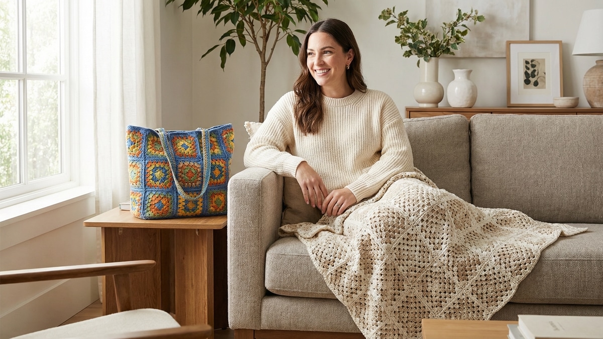 Mulher sorrindo em sofá com manta de crochê bege e bolsa colorida de squares.