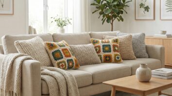 Sala de estar com sofá decorado com almofadas de crochê em tons natur coloridas em estilo hygge