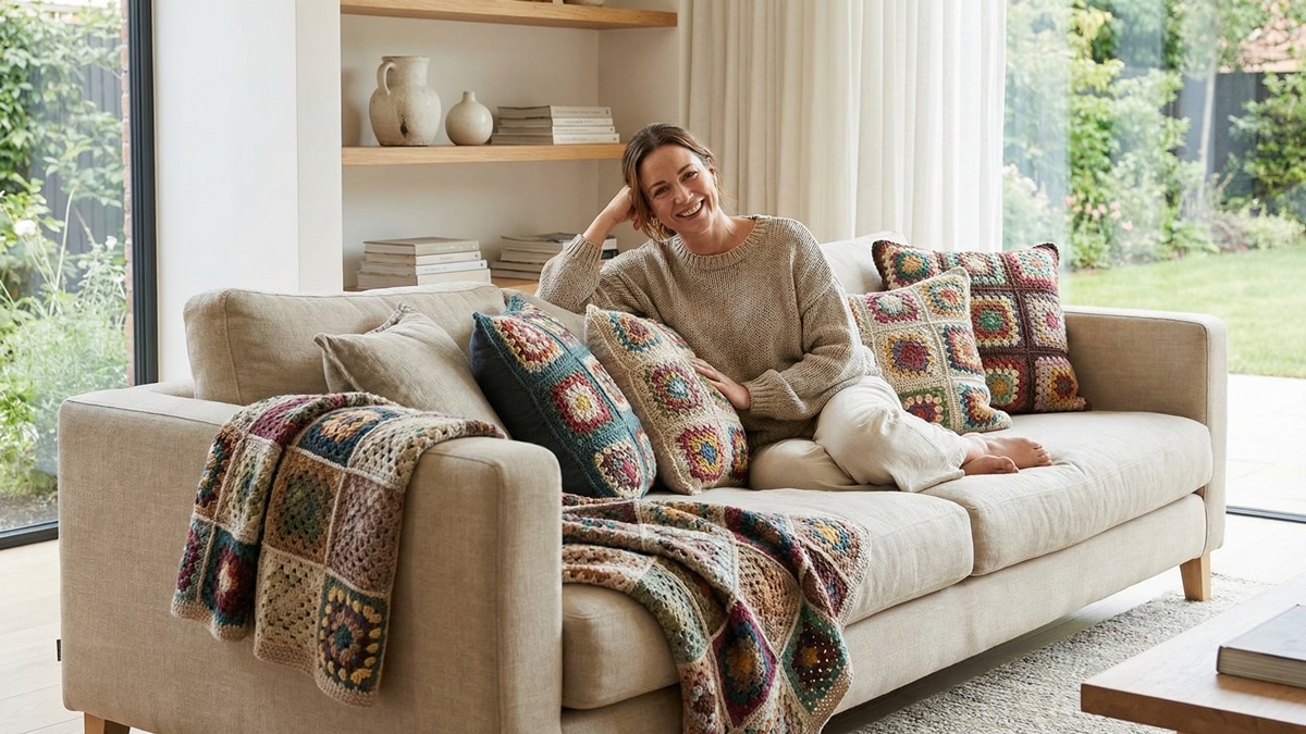 Sala com almofadas e manta de crochê em squares coloridos sobre sofá com mulher sorrindo