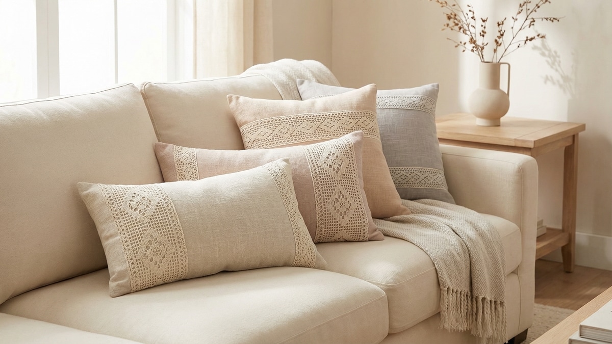 Sala de estar com sofá neutro decorado com almofadas de crochê e tecido combinados