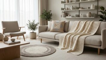 Sala contemporânea completa com decoração moderna em crochê neutro, vista ampla sem divisões