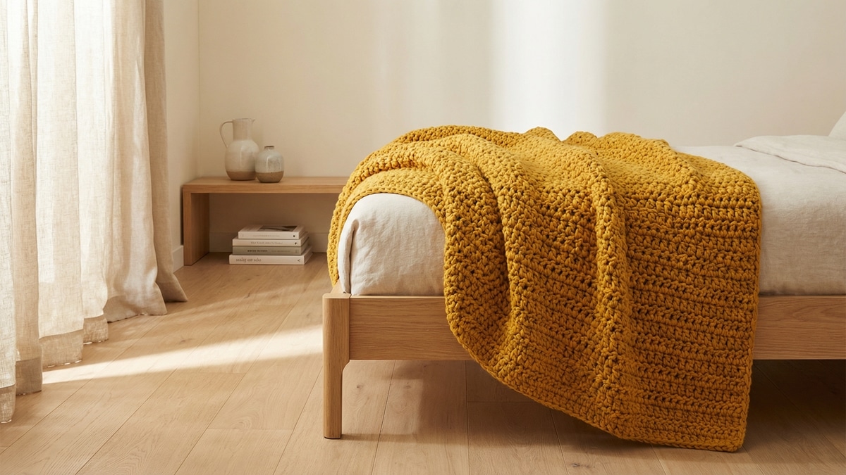 Sala contemporânea com manta maxi de crochê mostarda em pontos volumosos sobre sofá moderno