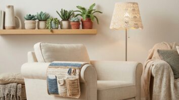 Sala de estar aconchegante com peças de crochê artesanal em tons naturais e decoraçãocore