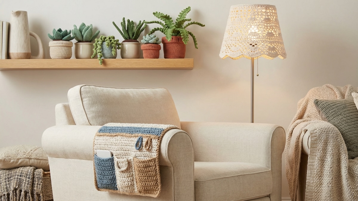 Sala de estar aconchegante com peças de crochê artesanal em tons naturais e decoraçãocore