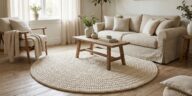 Sala de estar iluminada com destaque para tapete de crochê redondo bege sobre piso de madeira clara.
