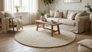 Sala de estar iluminada com destaque para tapete de crochê redondo bege sobre piso de madeira clara.