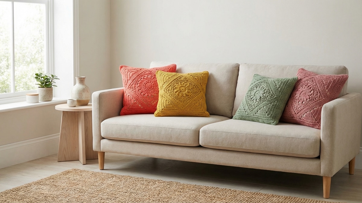 Sala de estar com almofadas de crochê coloridas sobre sofá em tons neutros