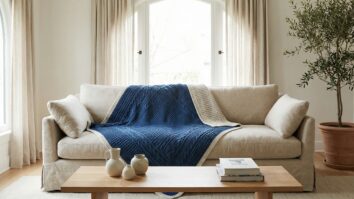 Sala de estar com manta de crochê artesanal em anil sobre sofá claro e luz natural