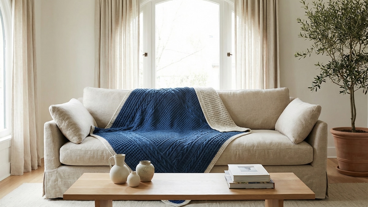 Sala de estar com manta de crochê artesanal em anil sobre sofá claro e luz natural