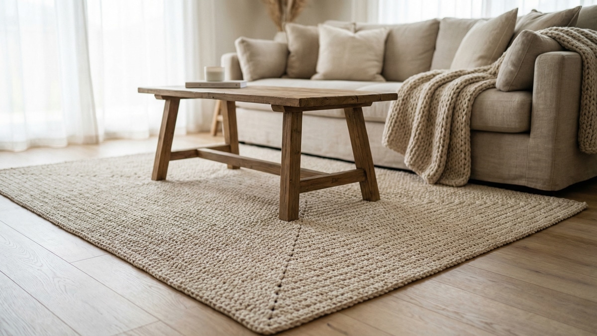 Sala de estar aconchegante com tapete de crochê artesanal bege sob mesa de centro, sofá neutro ao fundo