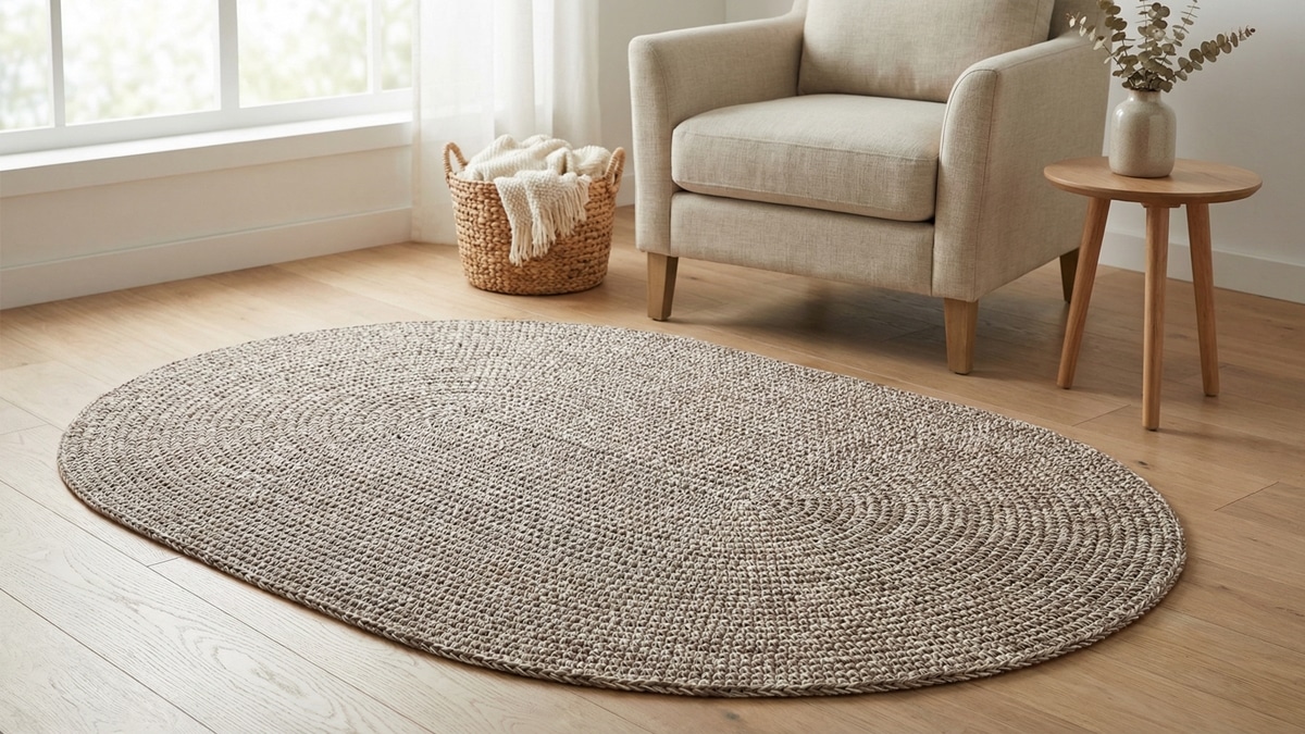Sala de estar com tapete de crochê oval em tons marrom e cru sobre piso claro
