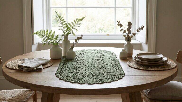 Sala de jantar com centro de mesa oval de crochê verde musgo sobre madeira e plantas