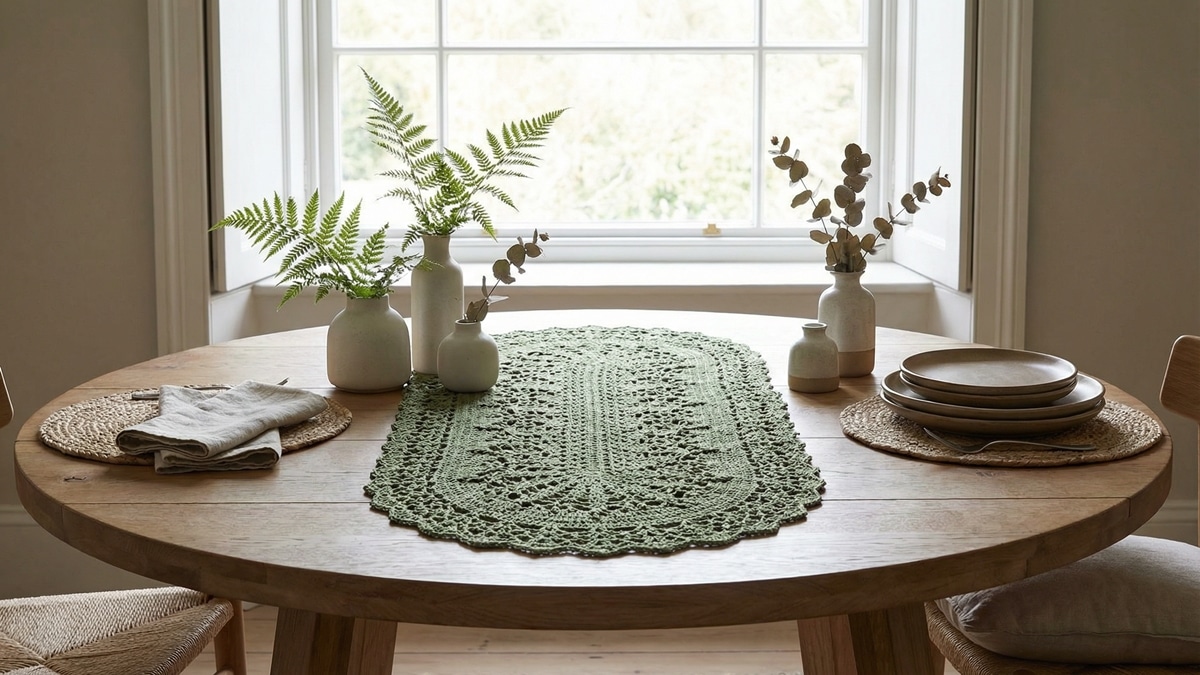 Sala de jantar com centro de mesa oval de crochê verde musgo sobre madeira e plantas