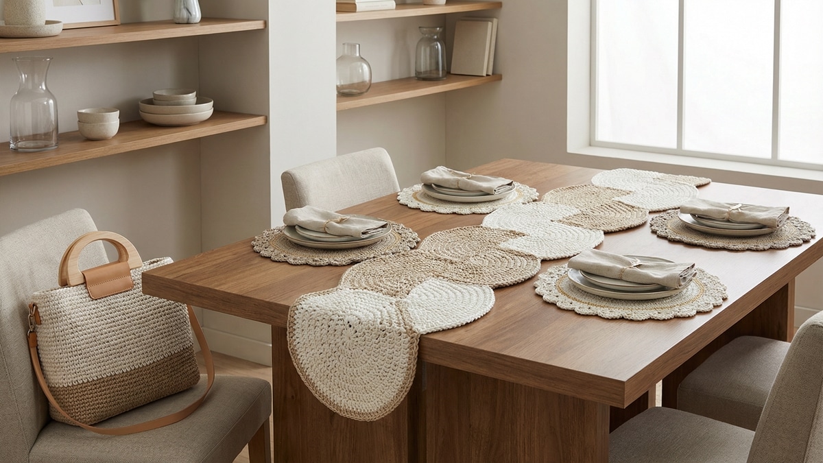 Sala de jantar moderna com múltiplos projetos de crochê: centro de mesa, sousplats e bolsa estruturada em tons neutros