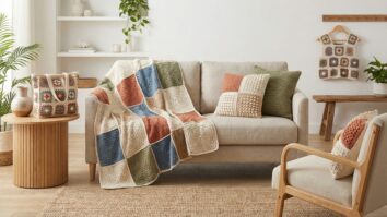 manta, almofadas, bolsa e top de crochê feitos com squares artesanais em tons naturais