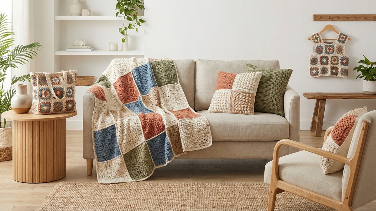 manta, almofadas, bolsa e top de crochê feitos com squares artesanais em tons naturais