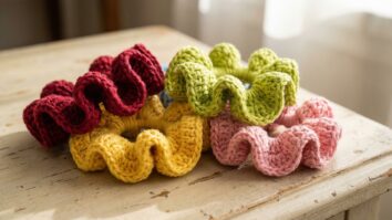 Scrunchies de crochê coloridos em tons vibrantes sobre superfície neutra de madeira clara