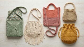 Seleção de bolsinhas de crochê em estilos variados sobre superfície neutra elegante