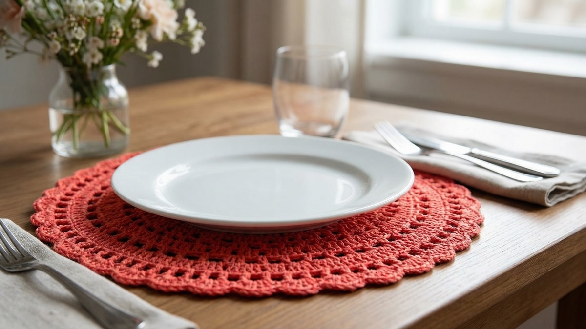 Mesa posta elegante com sousplat circular de crochê artesanal em cor vibrante, prato branco central, talheres sofisticados dispostos harmoniosamente, em luz natural difusa com fundo neutro desfocado.